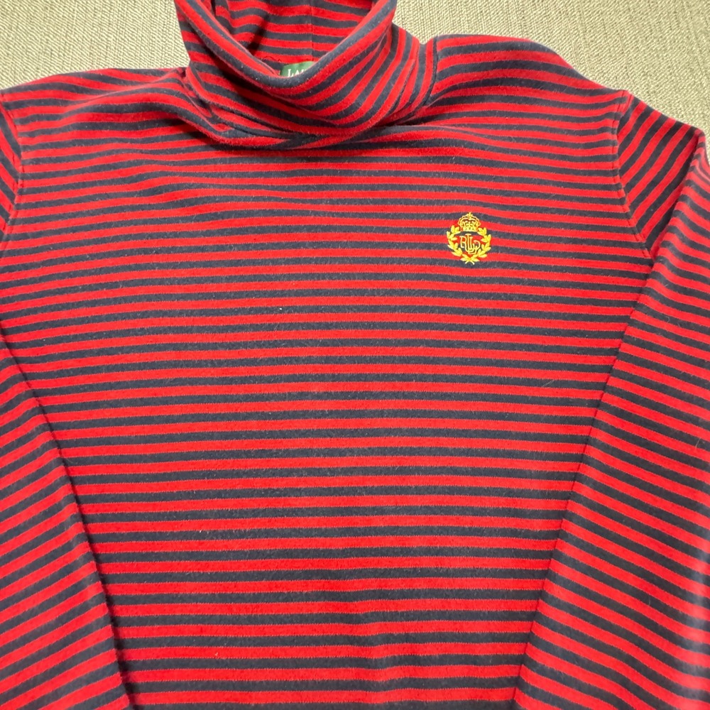 Lauren Ralph Lauren Red Navy Striped Turtleneck Crest Logo Cotton Top Large - Picture 4 of 8